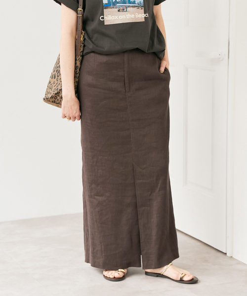 Spick & Span(スピックアンドスパン)の「リネンストレッチIラインスカート(スカート・レディース・ブラウン/ベージュ・38/36)」の1枚目の写真