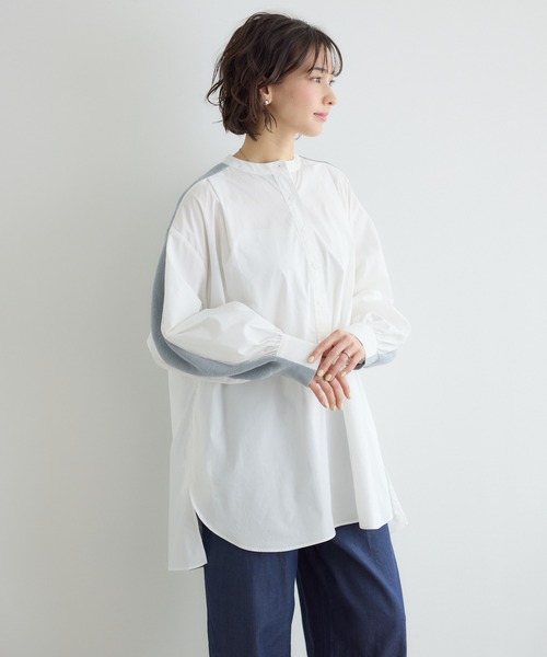KATHARINE ROSS(キャサリンロス)の「【KATHARINE ROSS】ドッキングノーカラーシャツ(シャツ/ブラウス・レディース・グレー/オフホワイト・FREE)」の1枚目の写真