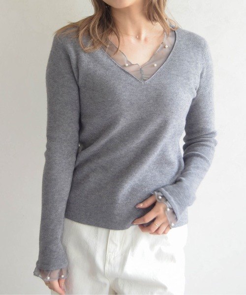 MISCH MASCH(ミッシュマッシュ)の「2026春夏新作 シアー切替フェミニンVネックニット(ニット/セーター・レディース・ホワイト/グレー/ブラック・フリ-)」の15枚目の写真