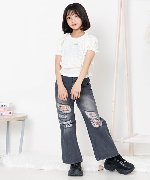 algy(アルジー)の「シャーリングブラウス(シャツ/ブラウス・キッズ・サックスブルー/オフホワイト/ミント・160/150/140/130)」の6枚目の写真