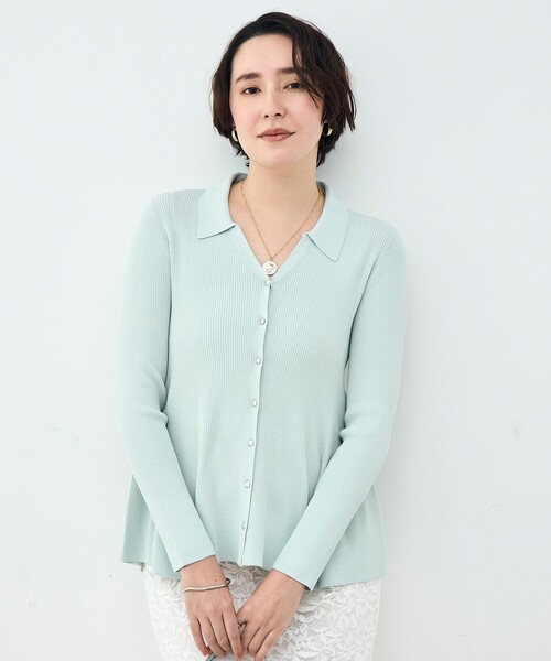 NOLLEY’S Sophi（ノーリーズソフィ）の「《手洗い可能》リブフレアスキッパーポロ襟カーディガン（カーディガン/ボレロ・レディース・サックスブルー/ホワイト/ダークネイビー・38）」の8枚目の写真