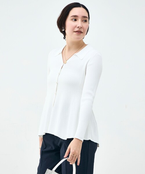 NOLLEY’S Sophi（ノーリーズソフィ）の「《手洗い可能》リブフレアスキッパーポロ襟カーディガン（カーディガン/ボレロ・レディース・サックスブルー/ホワイト/ダークネイビー・38）」の20枚目の写真