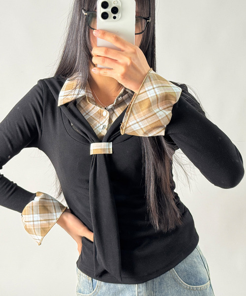 VIVID LADY(ビビッドレディー)の「タイ付き チェックシャツドッキング Tシャツ(Tシャツ/カットソー・レディース・ピンク/ライトブルー/ブラック/アイボリー/グレー・FREE)」の11枚目の写真