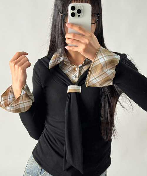 VIVID LADY(ビビッドレディー)の「タイ付き チェックシャツドッキング Tシャツ(Tシャツ/カットソー・レディース・ピンク/ライトブルー/ブラック/アイボリー/グレー・FREE)」の12枚目の写真