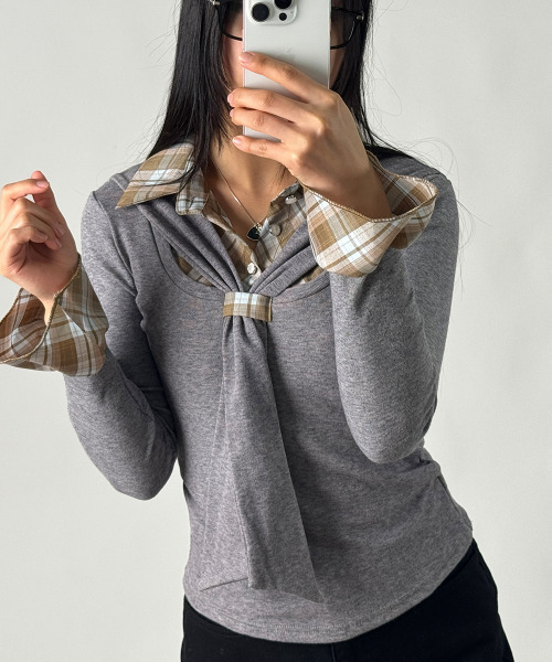 VIVID LADY(ビビッドレディー)の「タイ付き チェックシャツドッキング Tシャツ(Tシャツ/カットソー・レディース・ピンク/ライトブルー/ブラック/アイボリー/グレー・FREE)」の19枚目の写真