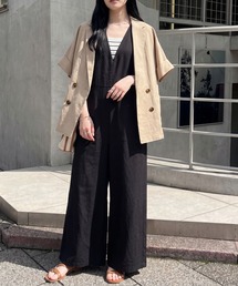 Vネック綿麻サロペット ゆったり オールインワン