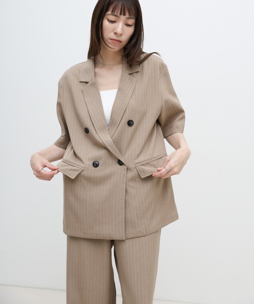 select MOCA（セレクトモカ）の「ピンストライプハーフスリーブジャケット【セットアップ対応可】（テーラードジャケット・レディース・ベージュ/チャコールグレー・FREE）」の13枚目の写真