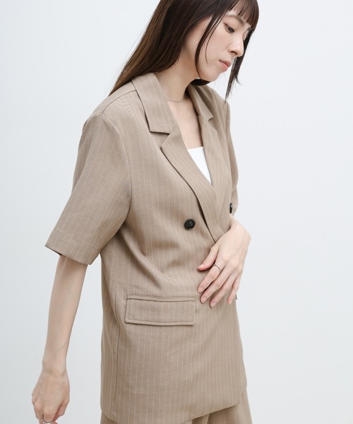 select MOCA（セレクトモカ）の「ピンストライプハーフスリーブジャケット【セットアップ対応可】（テーラードジャケット・レディース・ベージュ/チャコールグレー・FREE）」の15枚目の写真