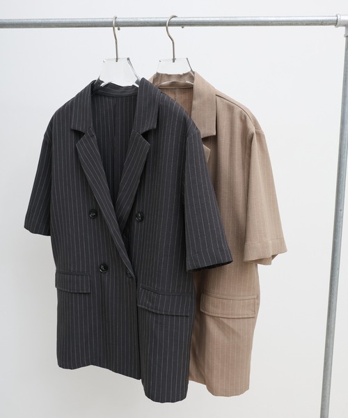 select MOCA（セレクトモカ）の「ピンストライプハーフスリーブジャケット【セットアップ対応可】（テーラードジャケット・レディース・ベージュ/チャコールグレー・FREE）」の10枚目の写真