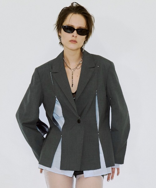 JOSE MOON（ジョゼムーン）の「MESH COMBI DESIGN JACKET/メッシュコンビデザインジャケット（テーラードジャケット・レディース・グレー/ベージュ・38/36）」の2枚目の写真