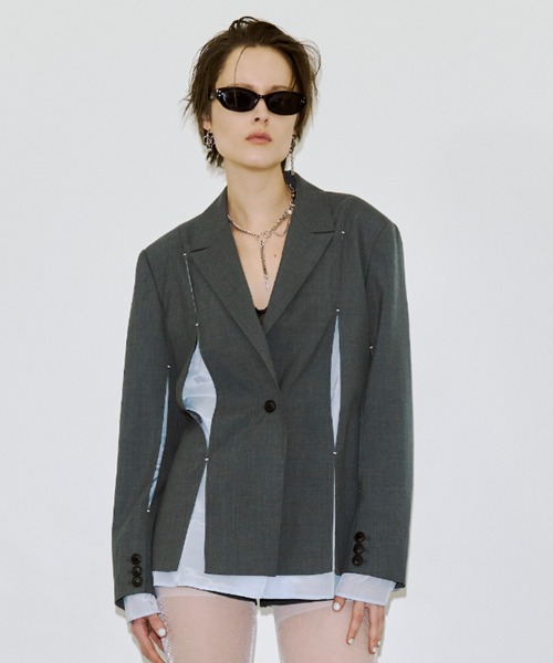 JOSE MOON（ジョゼムーン）の「MESH COMBI DESIGN JACKET/メッシュコンビデザインジャケット（テーラードジャケット・レディース・グレー/ベージュ・38/36）」の3枚目の写真