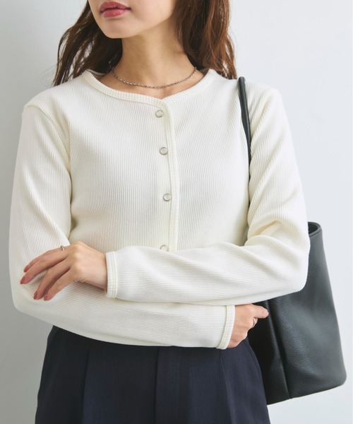 COHINA(コヒナ)の「コットンテレコリブカーディガン 【低身長・小柄女性】(カーディガン/ボレロ・レディース・ネイビー/ピンク/ホワイト・ONE SIZE)」の1枚目の写真