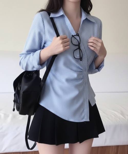 Emilie(エミリー)の「カシュクール ストライプ ウエストマークシャツ(Tシャツ/カットソー・レディース・チャコールグレー/ブルー/アイボリー・FREE)」の17枚目の写真