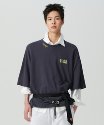 [コレクションライン] ヴィンテージアートピースディテールウォッシュドコットン半袖Tシャツチャコールグレー