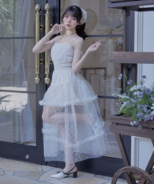 ワンピース Tulle frill knit ensemble cami onepiece Tulle frill knit ensemble cami onepiece(eme10834) – M me eme