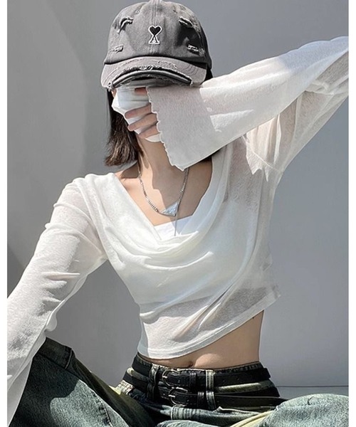 inst.ALL（インストール）の「クロップド丈ドレープシアーフードトップス（Tシャツ/カットソー・レディース・ホワイト/ブラック・M）」の3枚目の写真