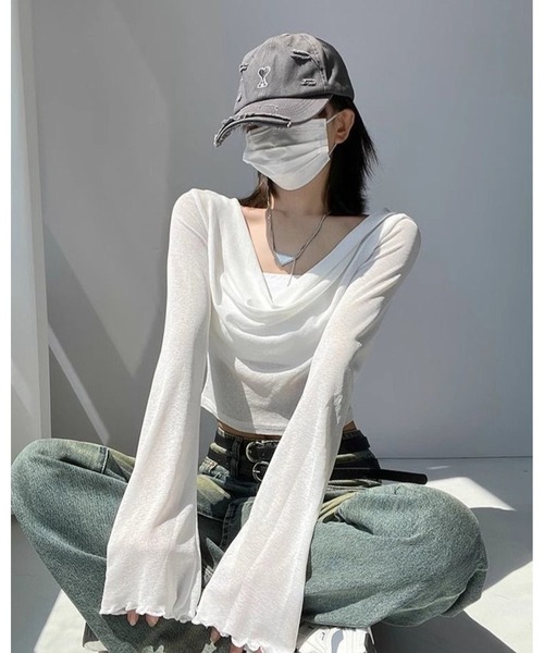 inst.ALL（インストール）の「クロップド丈ドレープシアーフードトップス（Tシャツ/カットソー・レディース・ホワイト/ブラック・M）」の6枚目の写真