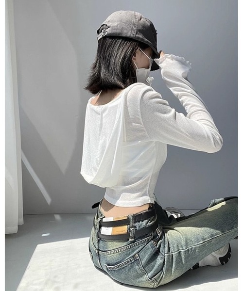 inst.ALL（インストール）の「クロップド丈ドレープシアーフードトップス（Tシャツ/カットソー・レディース・ホワイト/ブラック・M）」の7枚目の写真