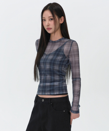 MUSINSA STANDARD WOMAN | ウィメンズチェックシアーロングスリーブTシャツ[グレー](Tシャツ/カットソー)