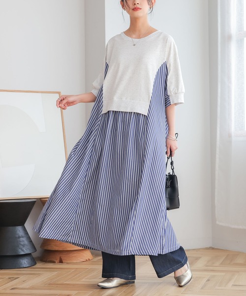n'OrLABEL(ノアールレーベル)の「【接触冷感】ストライプ切替カットワンピース(ワンピース・レディース・オートミール/ブラック・FREE)」の1枚目の写真