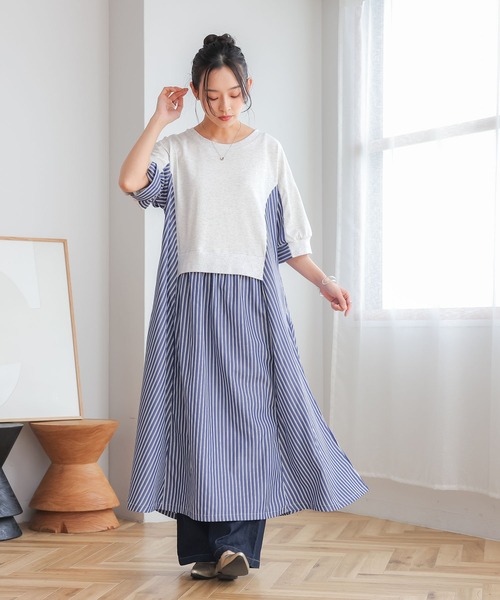n'OrLABEL(ノアールレーベル)の「【接触冷感】ストライプ切替カットワンピース(ワンピース・レディース・オートミール/ブラック・FREE)」の4枚目の写真