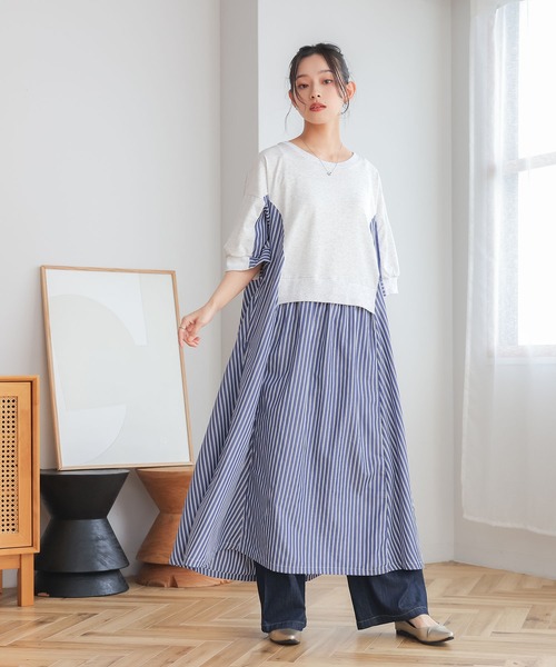 n'OrLABEL(ノアールレーベル)の「【接触冷感】ストライプ切替カットワンピース(ワンピース・レディース・オートミール/ブラック・FREE)」の5枚目の写真