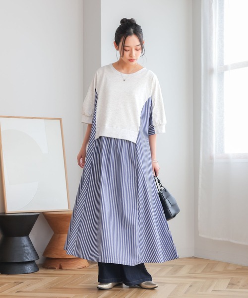 n'OrLABEL(ノアールレーベル)の「【接触冷感】ストライプ切替カットワンピース(ワンピース・レディース・オートミール/ブラック・FREE)」の6枚目の写真