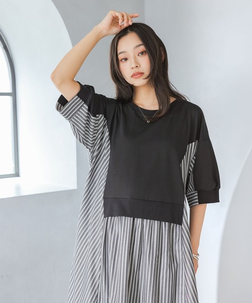 n'OrLABEL(ノアールレーベル)の「【接触冷感】ストライプ切替カットワンピース(ワンピース・レディース・オートミール/ブラック・FREE)」の10枚目の写真
