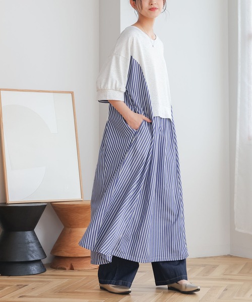 n'OrLABEL(ノアールレーベル)の「【接触冷感】ストライプ切替カットワンピース(ワンピース・レディース・オートミール/ブラック・FREE)」の7枚目の写真