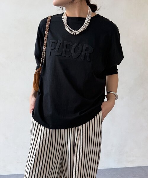 DouDou(ドゥドゥ)の「【WEB限定】7分袖芝生刺繍ロゴTEE(Tシャツ/カットソー・レディース・ブラック/オフホワイト・FREE)」の6枚目の写真