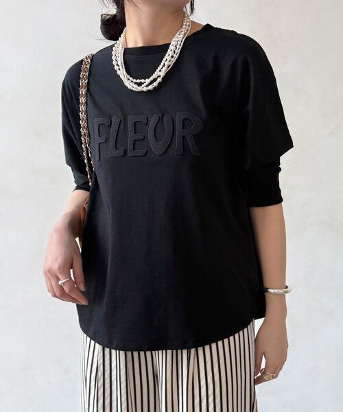 DouDou(ドゥドゥ)の「【WEB限定】7分袖芝生刺繍ロゴTEE(Tシャツ/カットソー・レディース・ブラック/オフホワイト・FREE)」の4枚目の写真