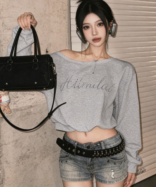 Miniministore(ミニミニストア)の「ビジューロゴオフショルスウェットトップス(スウェット・レディース・グレー・M/L)」の3枚目の写真
