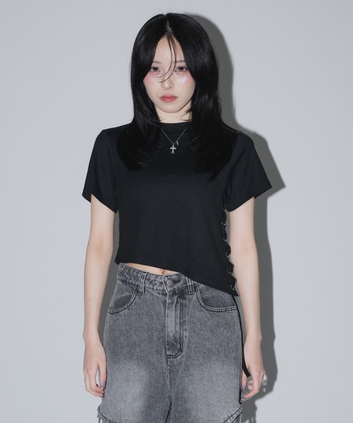 17HR(セブンティーンアワーズ)の「サイドレースアップリブTシャツ(Tシャツ/カットソー・レディース・ブルー/ホワイト/ブラック・FREE)」の19枚目の写真