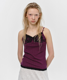 LACE SHIRRING V-NECK SLEEVELESS TOP, PURPLE