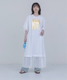 箔プリント タックスリーブワンピース