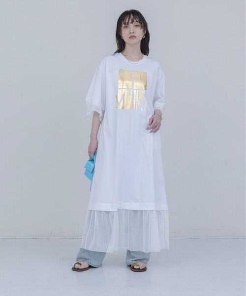 Eimee Law(エイミーロウ)の「箔プリント タックスリーブワンピース(ワンピース・レディース・オフホワイト/ブラック・FREE)」の1枚目の写真