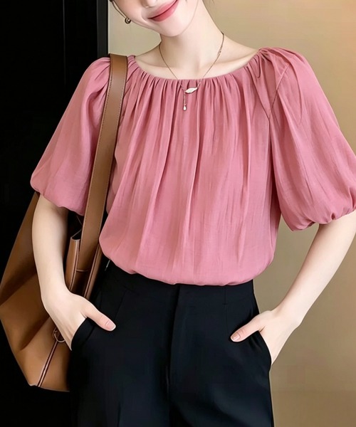 AMAJI(アマジ)の「ドールブラウス シフォン 半袖トップス(シャツ/ブラウス・レディース・ライトピンク/ベージュ・X-LARGE/LARGE/MEDIUM/SMALL)」の1枚目の写真