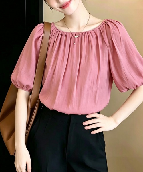 AMAJI(アマジ)の「ドールブラウス シフォン 半袖トップス(シャツ/ブラウス・レディース・ライトピンク/ベージュ・X-LARGE/LARGE/MEDIUM/SMALL)」の4枚目の写真