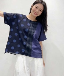 異素材切替ドットブラウス 水玉 × チェック × 無地 アシンメトリーデザイン 半袖トップス