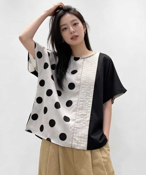 WESTSEA(ウエストシー)の「異素材切替ドットブラウス 水玉 × チェック × 無地 アシンメトリーデザイン 半袖トップス(シャツ/ブラウス・レディース・ブラック/ネイビー/ホワイト・FREE)」の1枚目の写真