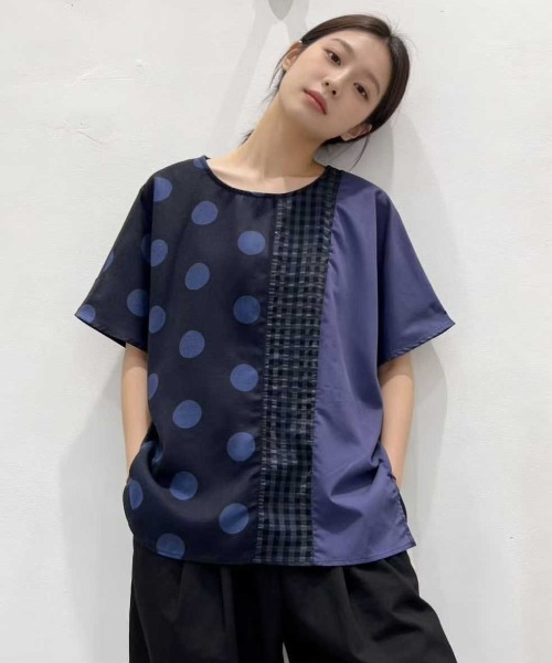 WESTSEA(ウエストシー)の「異素材切替ドットブラウス 水玉 × チェック × 無地 アシンメトリーデザイン 半袖トップス(シャツ/ブラウス・レディース・ブラック/ネイビー/ホワイト・FREE)」の10枚目の写真