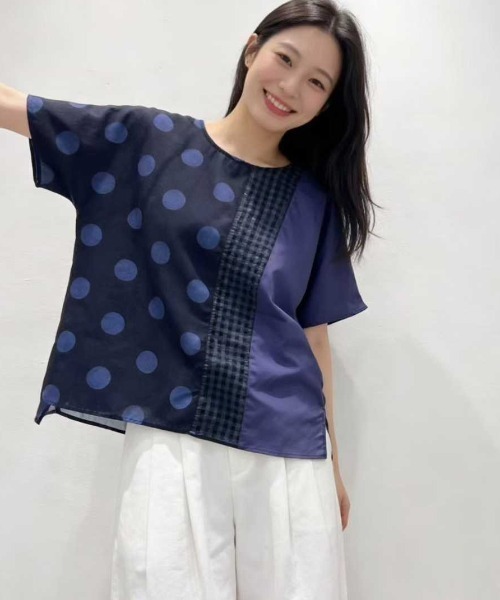 WESTSEA(ウエストシー)の「異素材切替ドットブラウス 水玉 × チェック × 無地 アシンメトリーデザイン 半袖トップス(シャツ/ブラウス・レディース・ブラック/ネイビー/ホワイト・FREE)」の11枚目の写真