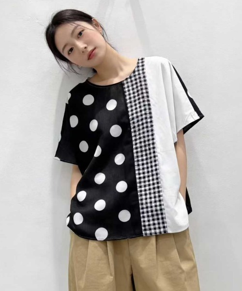 WESTSEA(ウエストシー)の「異素材切替ドットブラウス 水玉 × チェック × 無地 アシンメトリーデザイン 半袖トップス(シャツ/ブラウス・レディース・ブラック/ネイビー/ホワイト・FREE)」の8枚目の写真
