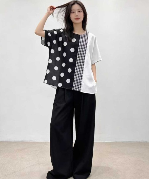 WESTSEA(ウエストシー)の「異素材切替ドットブラウス 水玉 × チェック × 無地 アシンメトリーデザイン 半袖トップス(シャツ/ブラウス・レディース・ブラック/ネイビー/ホワイト・FREE)」の9枚目の写真