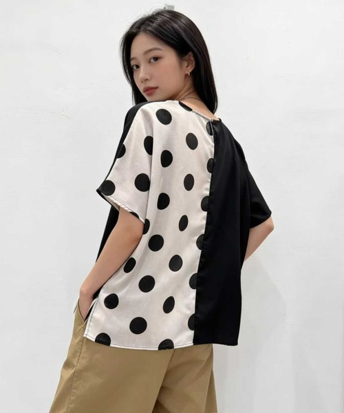 WESTSEA(ウエストシー)の「異素材切替ドットブラウス 水玉 × チェック × 無地 アシンメトリーデザイン 半袖トップス(シャツ/ブラウス・レディース・ブラック/ネイビー/ホワイト・FREE)」の6枚目の写真