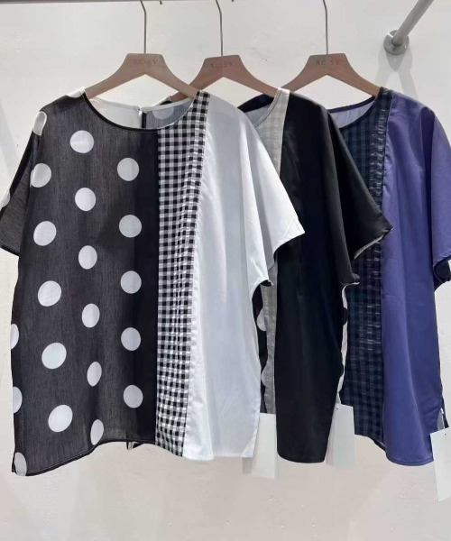 WESTSEA(ウエストシー)の「異素材切替ドットブラウス 水玉 × チェック × 無地 アシンメトリーデザイン 半袖トップス(シャツ/ブラウス・レディース・ブラック/ネイビー/ホワイト・FREE)」の12枚目の写真