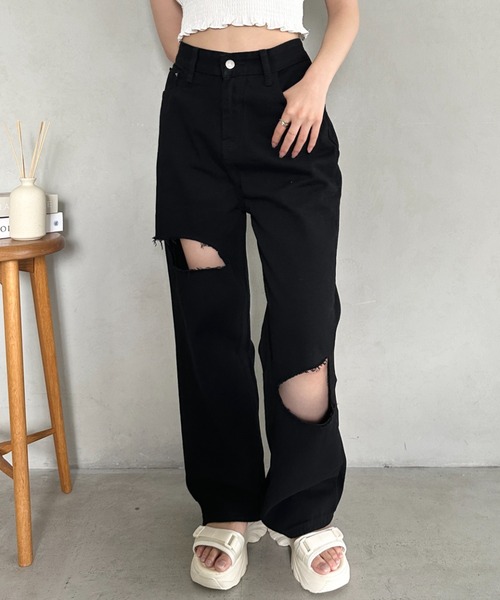 CLEA(クレア)の「クラッシュダメージストレートデニム(デニムパンツ・レディース・ブラック・L/M)」の4枚目の写真