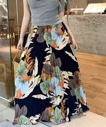 大柄 花柄プリーツロングスカート