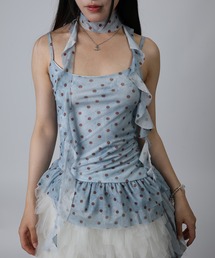 HOOK for girls ドット柄 × アシンメトリーフリル裾 リボンタイ付き キャミソール トップス (SS)