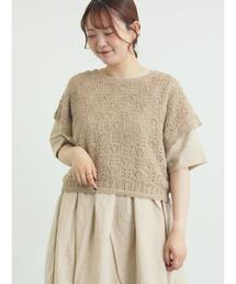 リネン前後着透かし柄ニットベスト